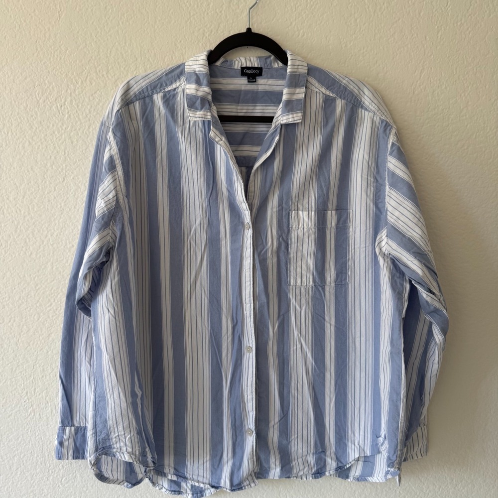 Gap Body Blue White Striped Cotton Button Down Pajama Shirt Large Oversized L